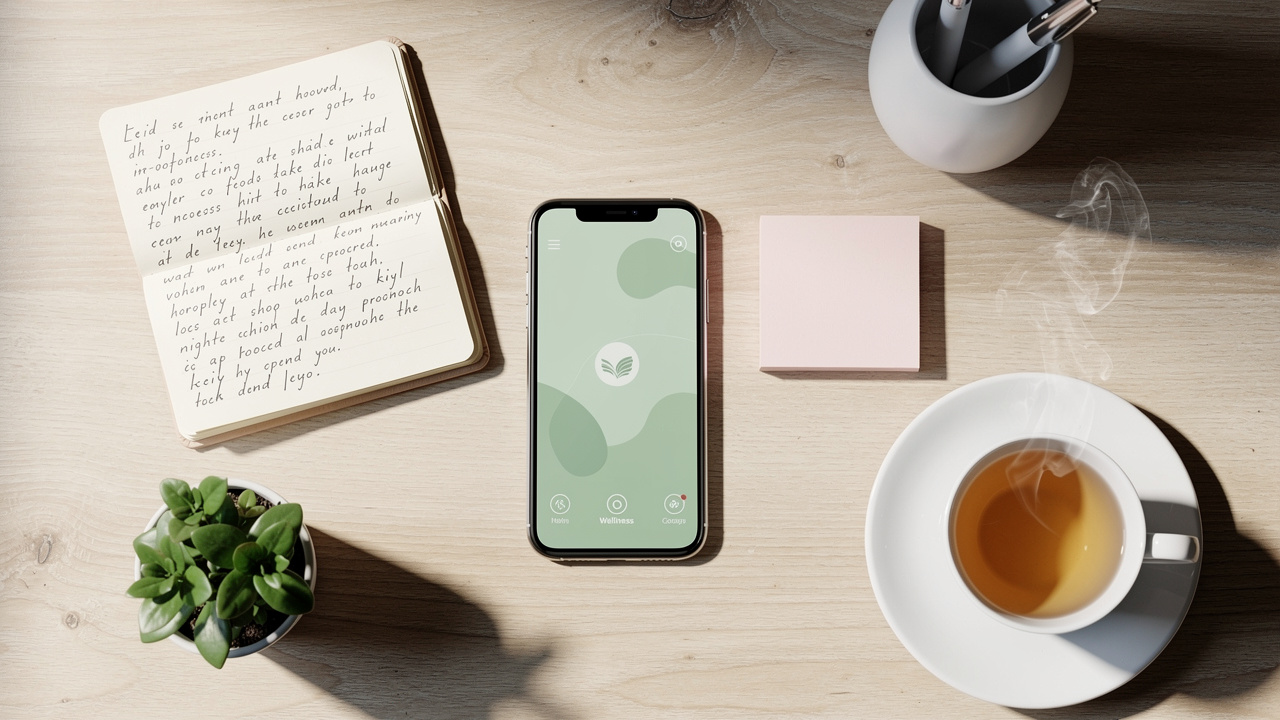 Smartphone wellness app beside journal and tea on desk