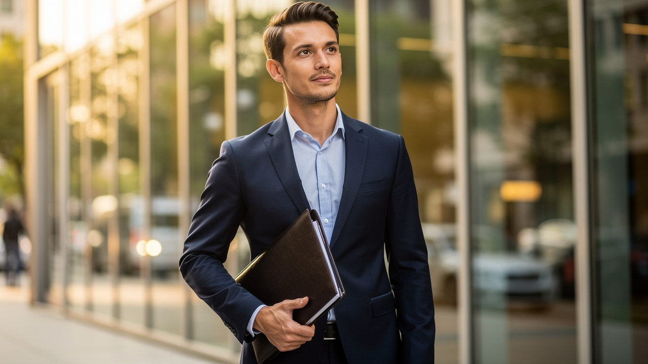 Confident job candidate standing outside an office building before interview
