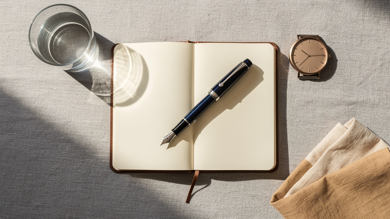 Organized flat lay of journal, water glass, and watch representing daily structure