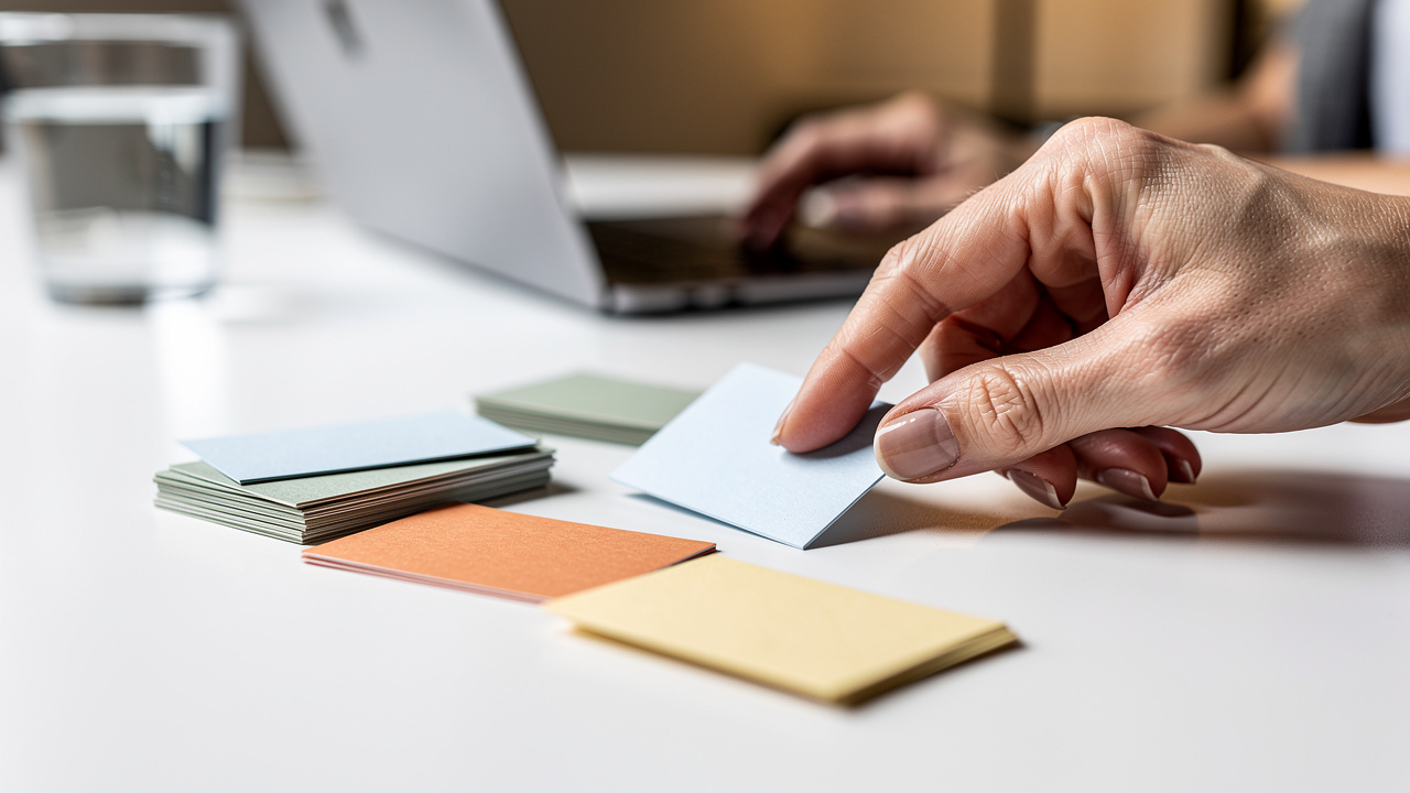 Hands sorting colored cards during a usability validation exercise
