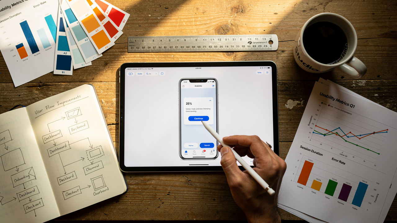 Designer reviewing prototype testing metrics and usability analytics on tablet