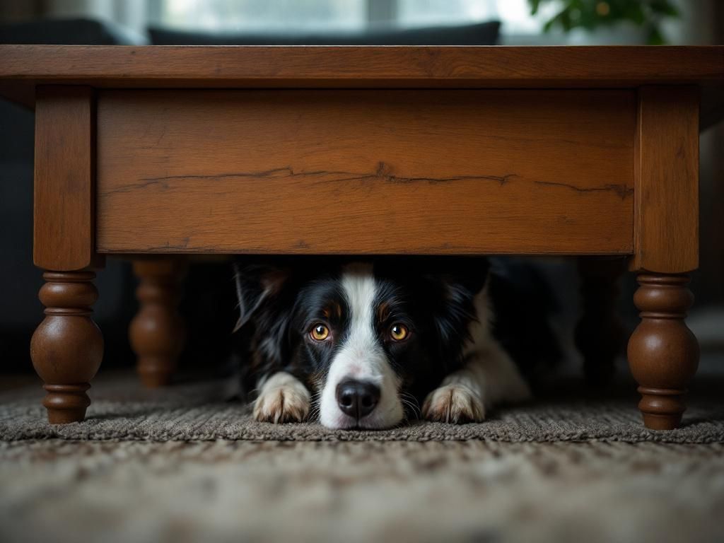 Anxious dog hiding during thunderstorm