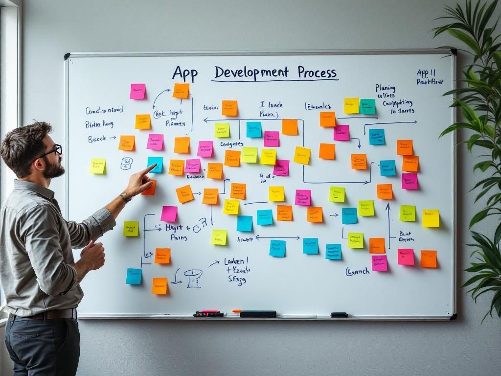 App development workflow planning on whiteboard