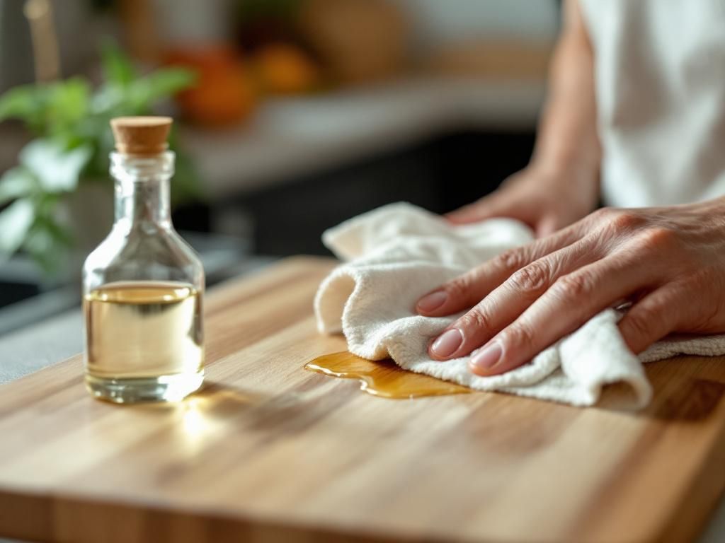 Applying mineral oil to wooden cutting board