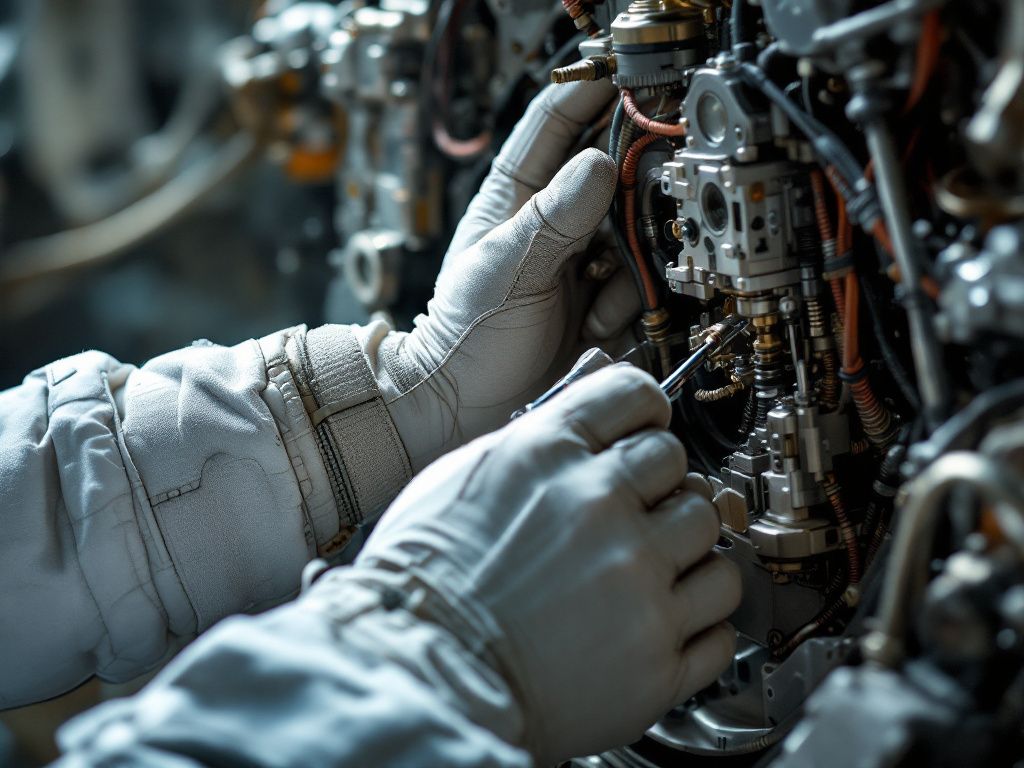 Astronaut performing precise technical work during spacewalk
