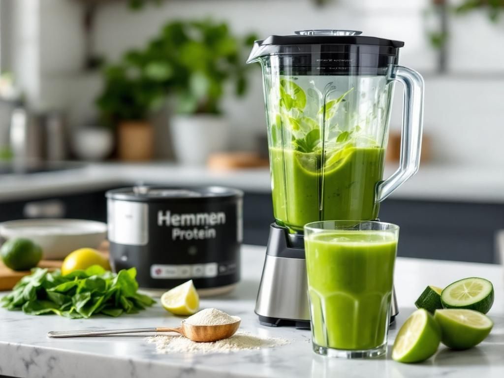 High-speed blender preparing green hemp smoothie