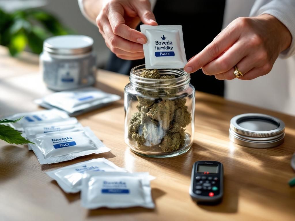 Installing humidity packs in cannabis storage jars
