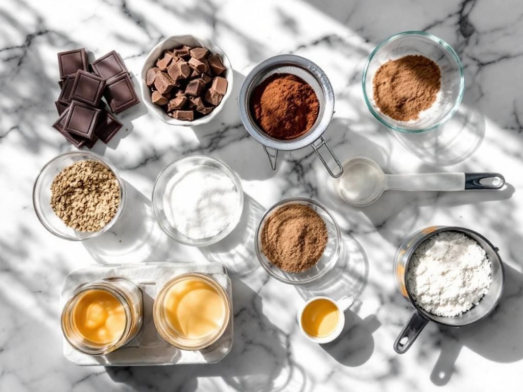 Complete brownie baking ingredients organized on counter