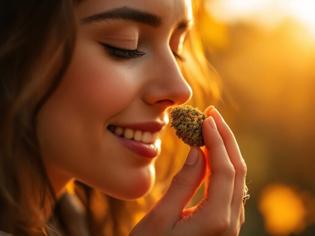 Person appreciating cannabis aroma and flavors