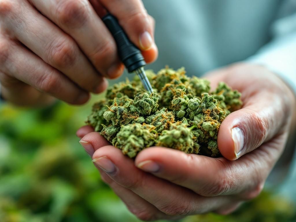 Grower inspecting cannabis buds with magnifying loupe