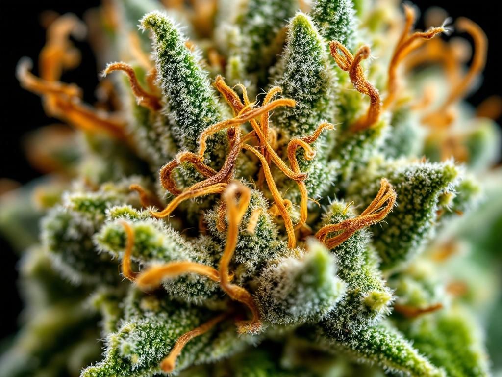 Cannabis bud anatomy showing pistils and trichomes