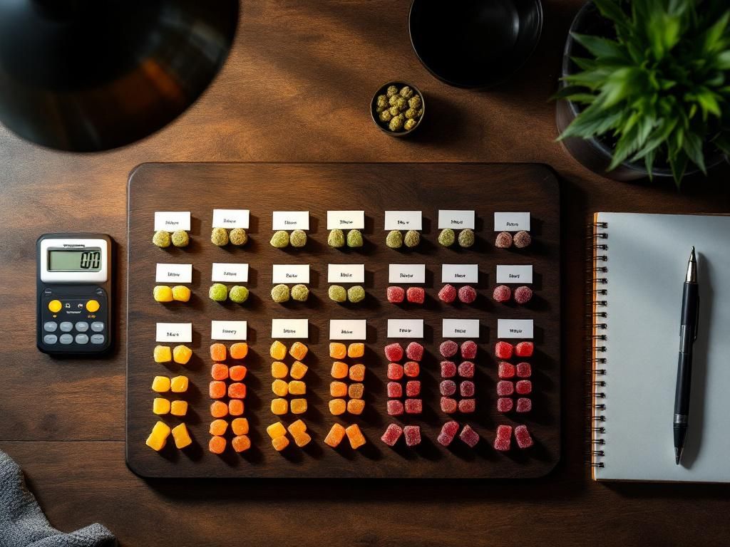 Cannabis gummies organized by potency levels with measuring tools