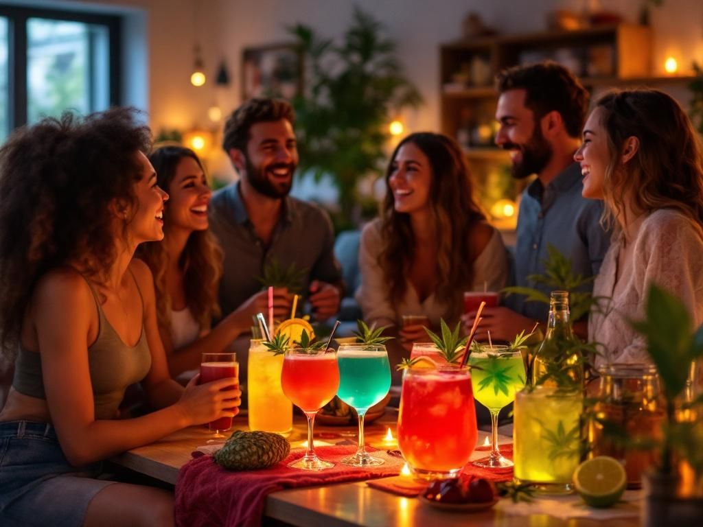 Friends enjoying cannabis mocktails at home party