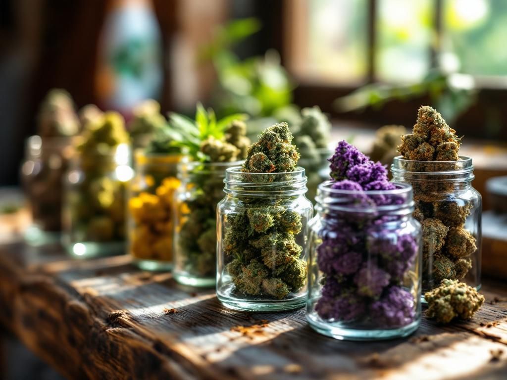 Variety of cannabis strains in glass containers