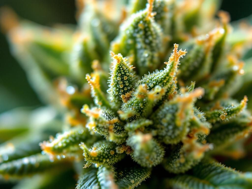 Cannabis trichomes containing flavor terpenes closeup