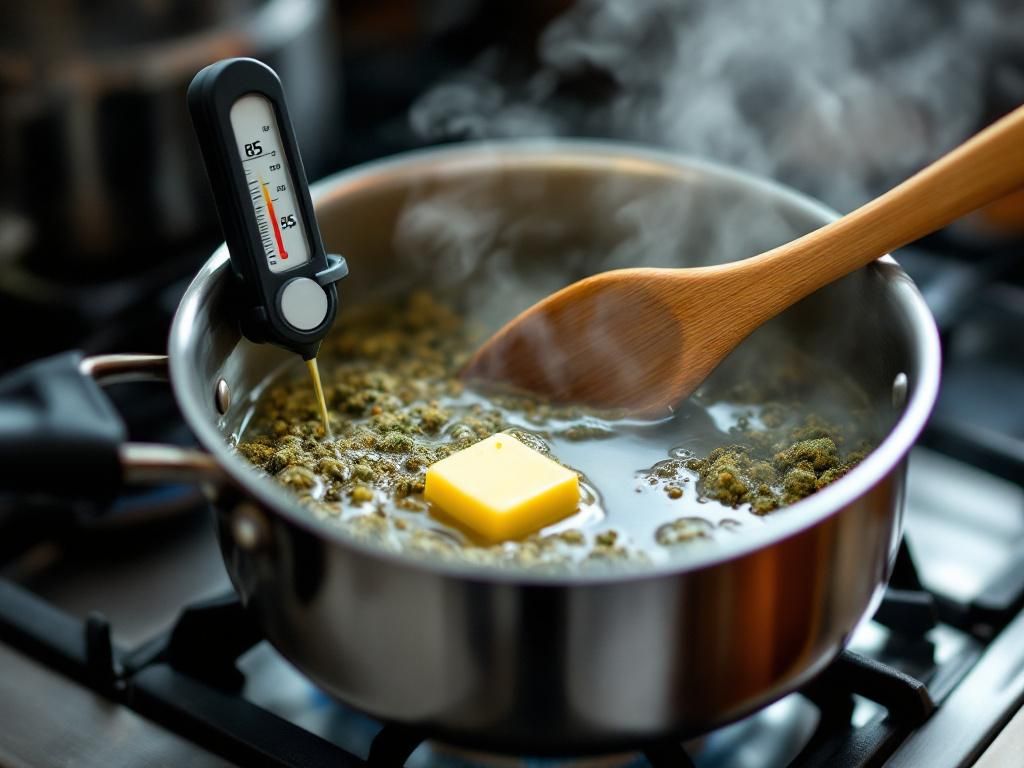 Cannabutter simmering on stovetop with thermometer