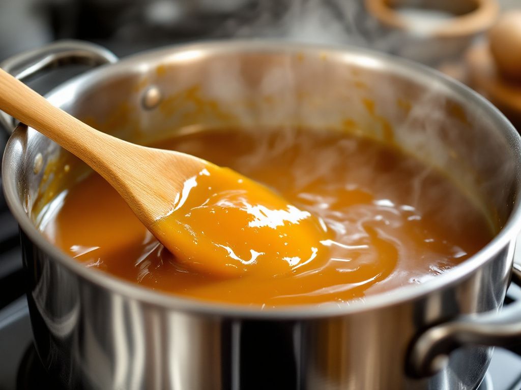 Golden caramel being stirred in saucepan