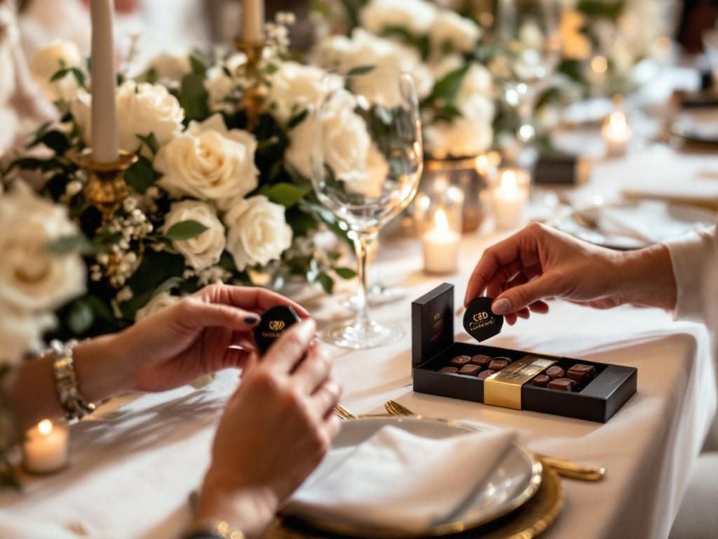 CBD chocolate wedding favours at reception table