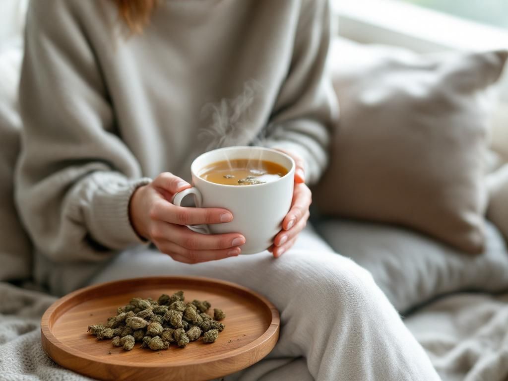 Person enjoying CBD flower tea relaxation