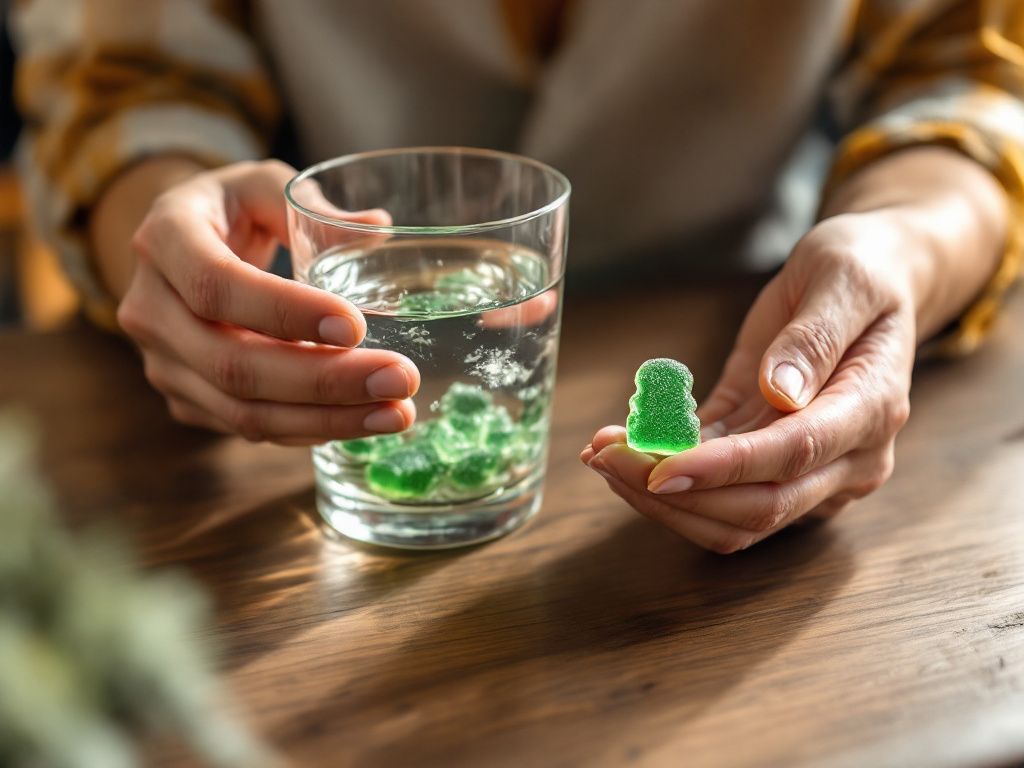 Person holding CBD gummy and water