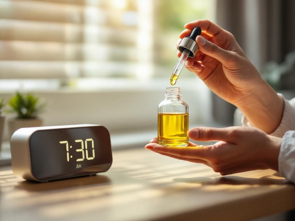 CBD oil bottle with dropper on nightstand