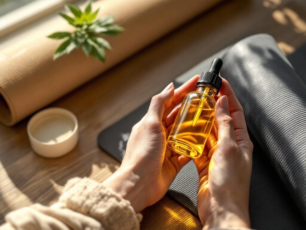 CBD oil bottle with yoga mat preparation