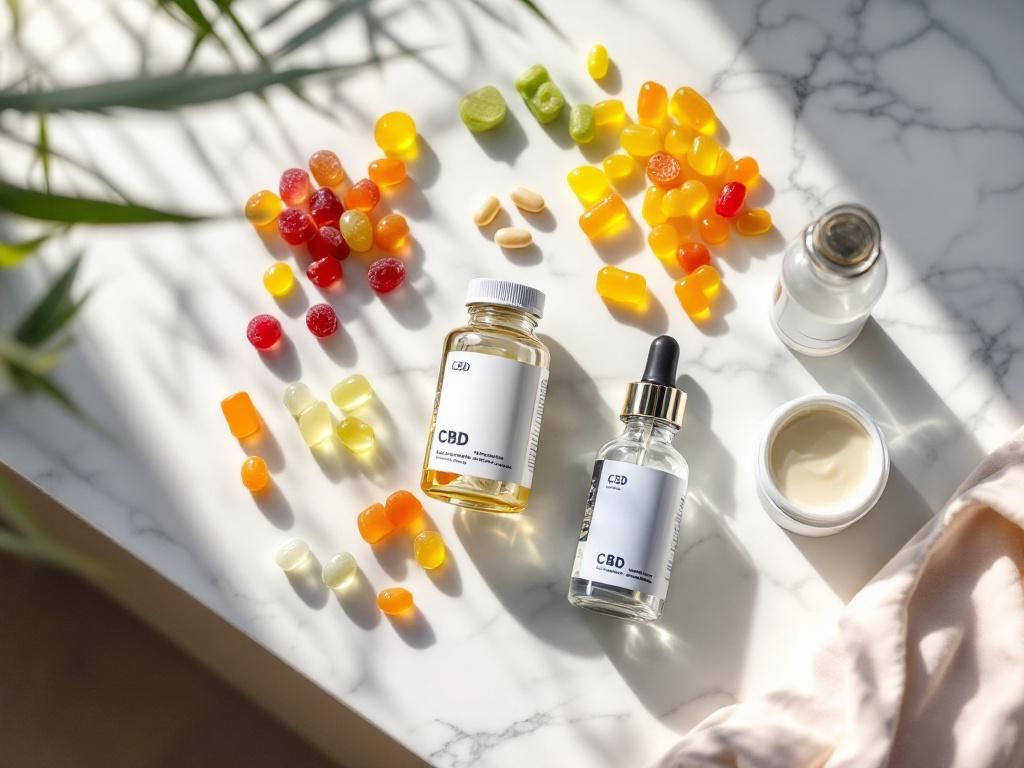 Various CBD products displayed on marble surface