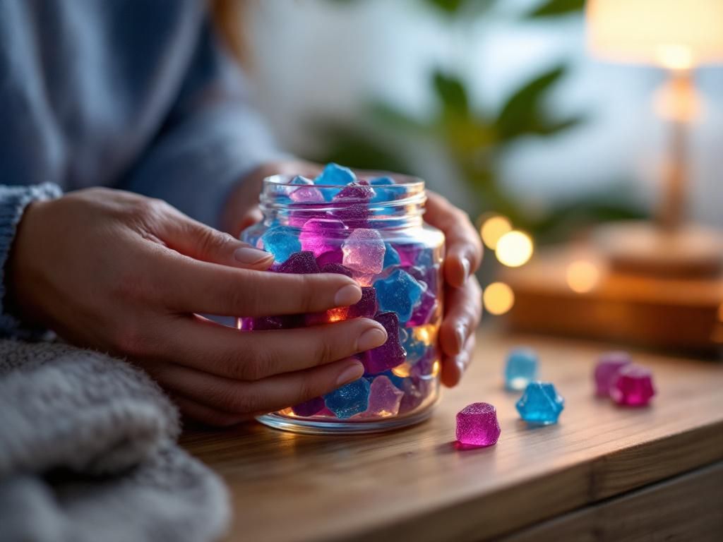 Colorful CBN sleep gummies in glass jar