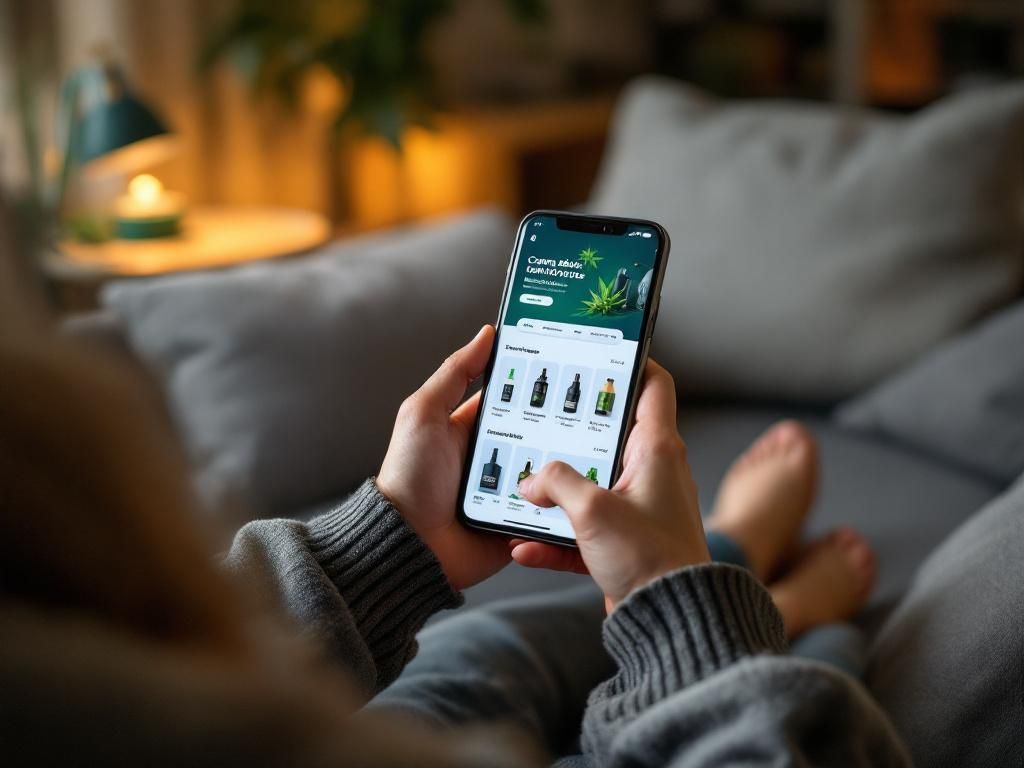Person browsing cannabis products on smartphone at home