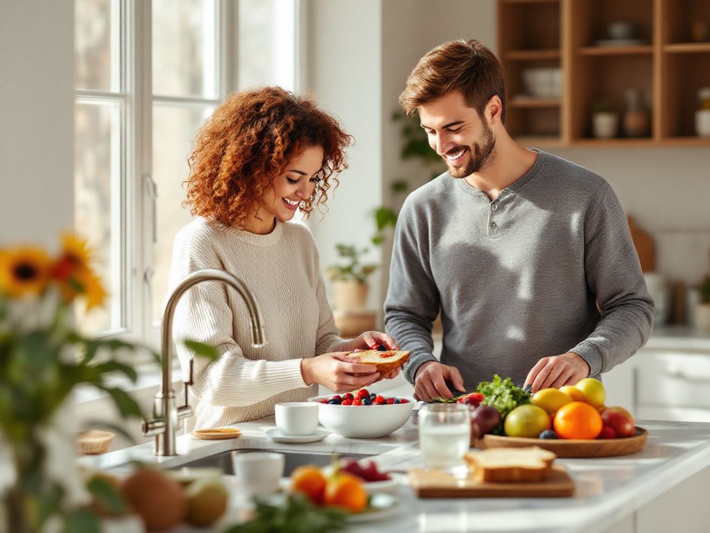 Couple preparing nutritious breakfast together