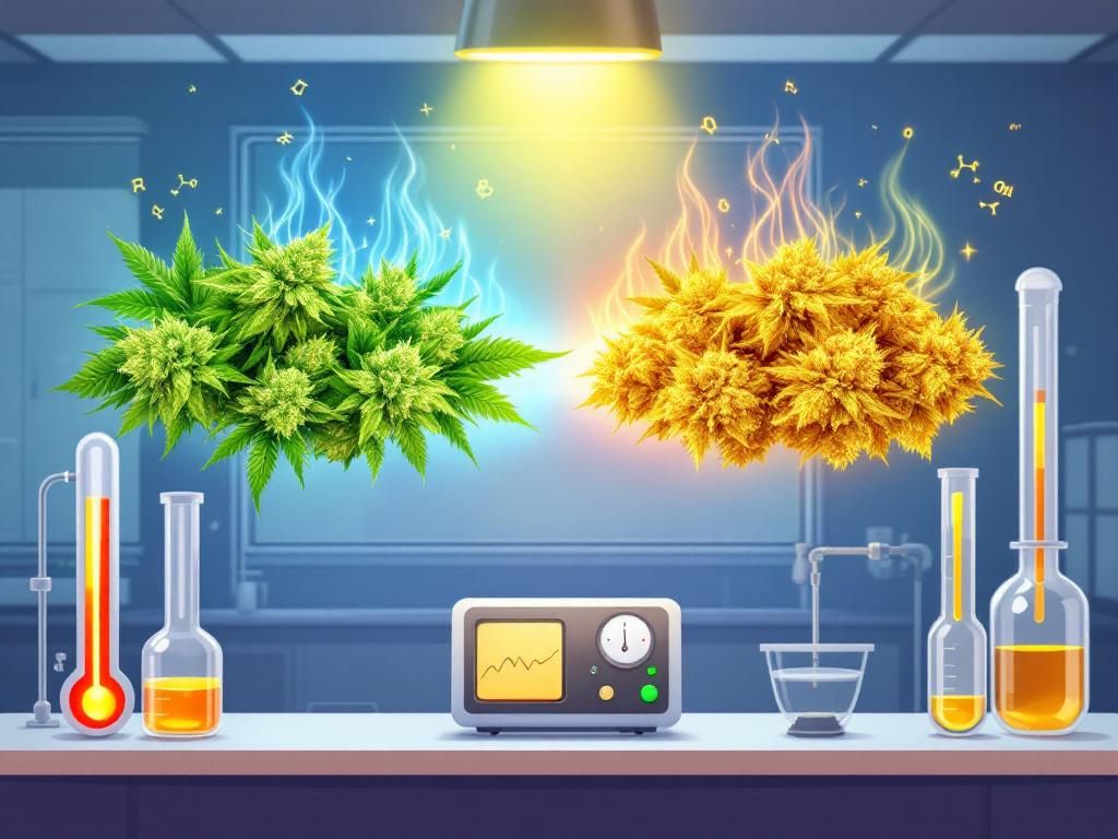 Cannabis decarboxylation transformation process illustration