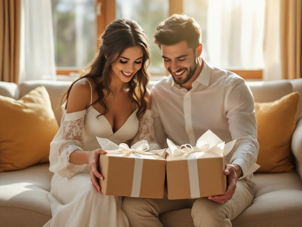Couple opening discreetly packaged wedding favours