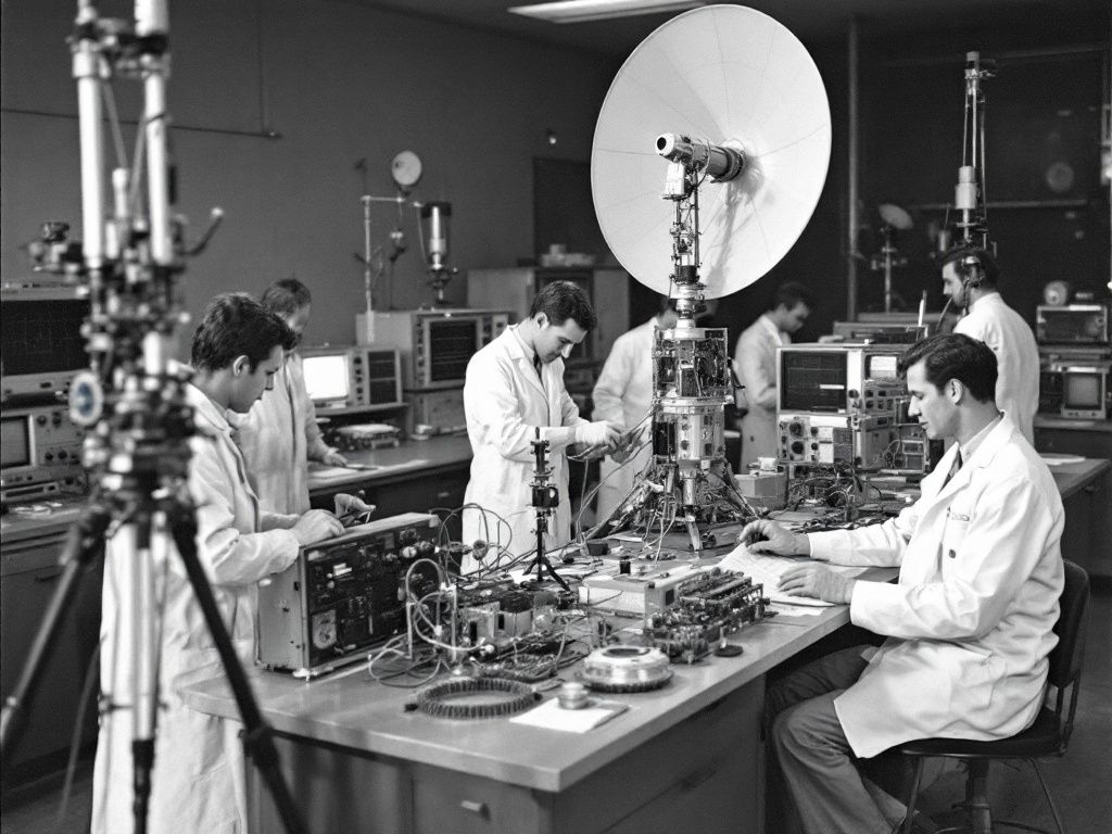 Vintage satellite development laboratory from 1960s