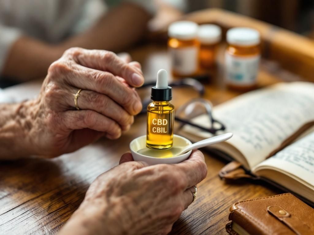 Elderly hands carefully measuring CBD oil drops