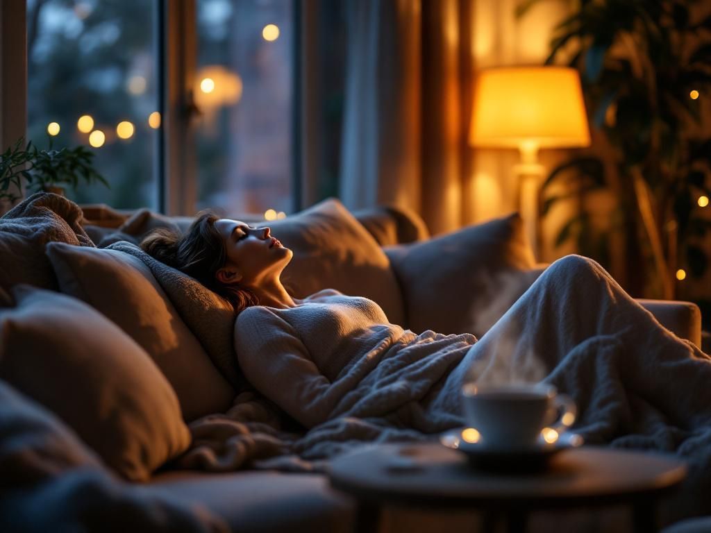 Person relaxing peacefully in cozy living room