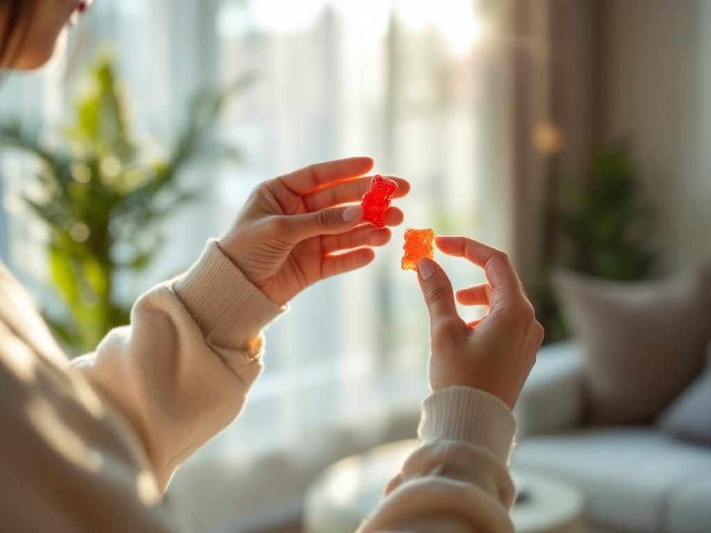 Person examining cannabis gummy quality in natural light