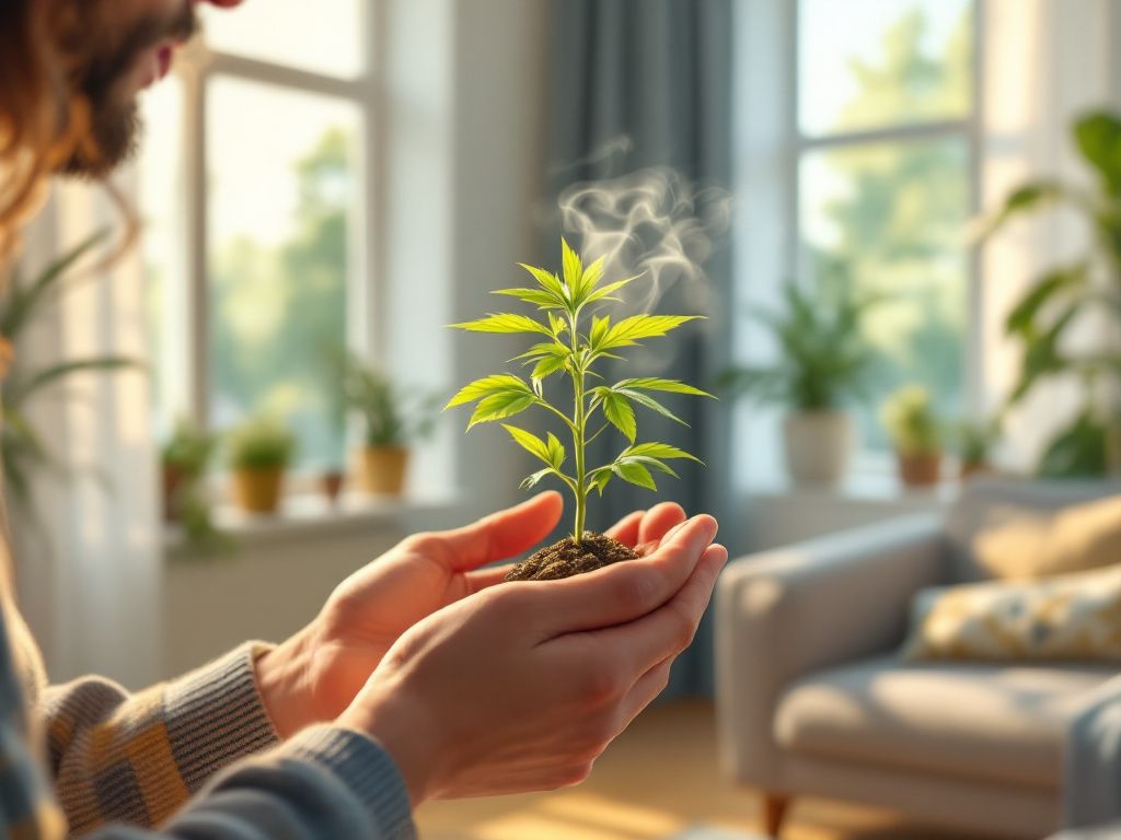 Person inspecting low-odor cannabis plant indoors