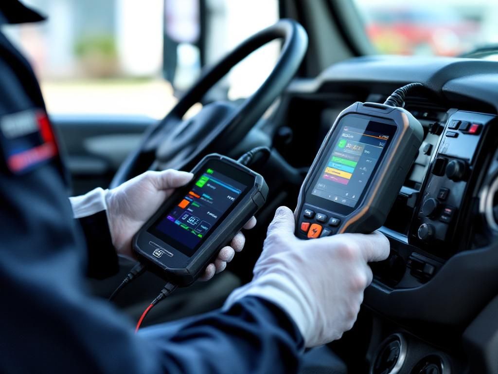 Technician using advanced diagnostic technology on commercial vehicle. What is fleet maintenance