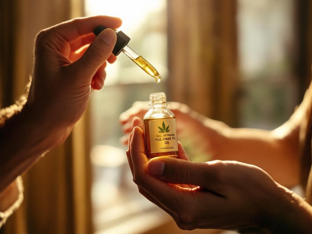 Person holding full-spectrum cannabis oil bottle