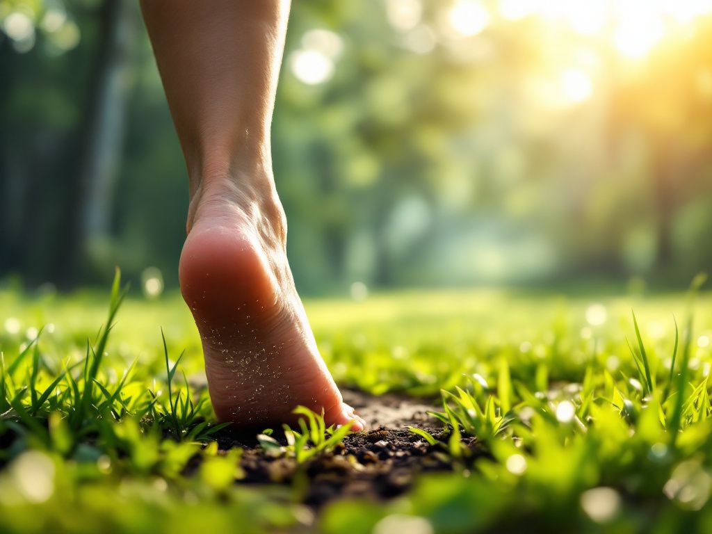 Barefoot person grounding on grass with energy