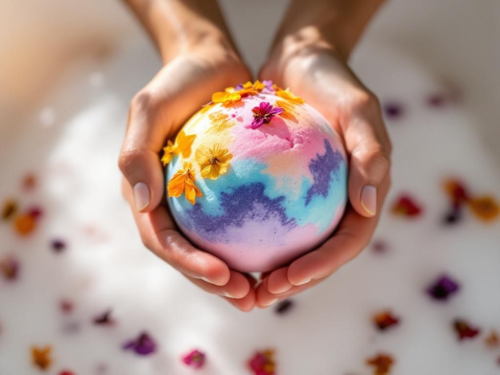 Hands preparing CBD bath bomb for wellness bath