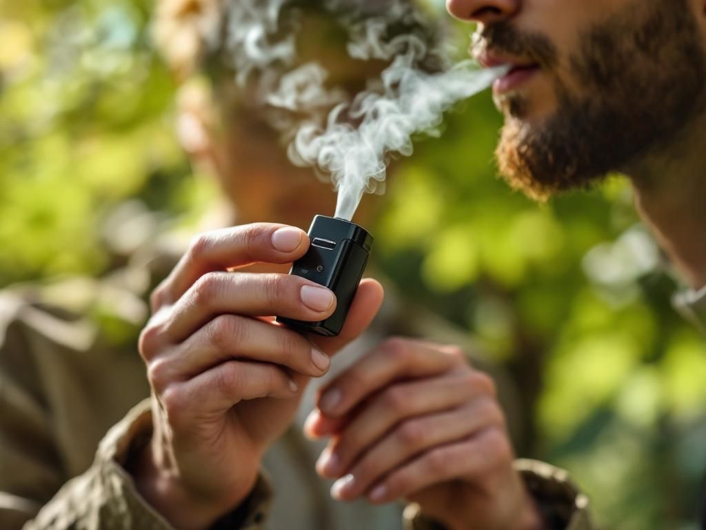 Person using portable vaporizer outdoors discreetly