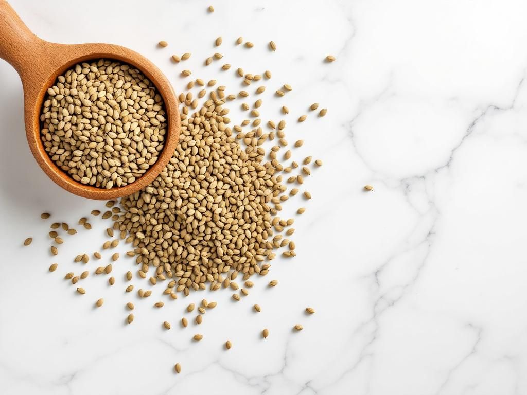Hemp seeds scattered on marble surface