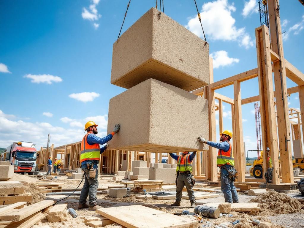 Workers installing hempcrete blocks during construction