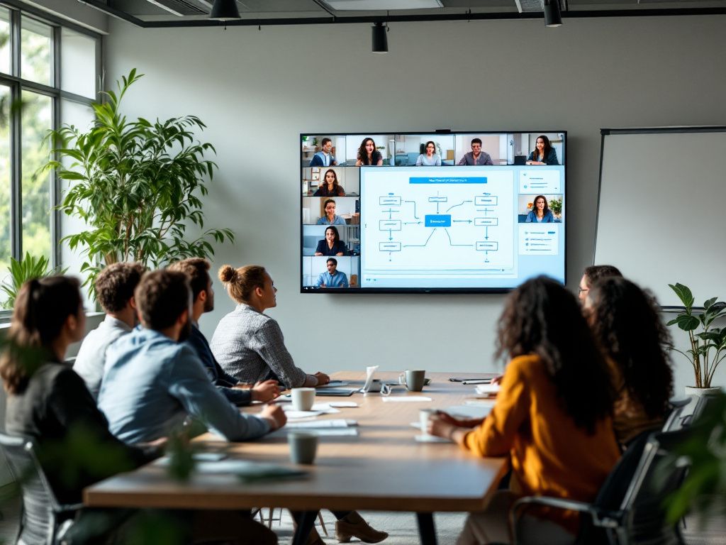 Hybrid team meeting with in-person and remote participants