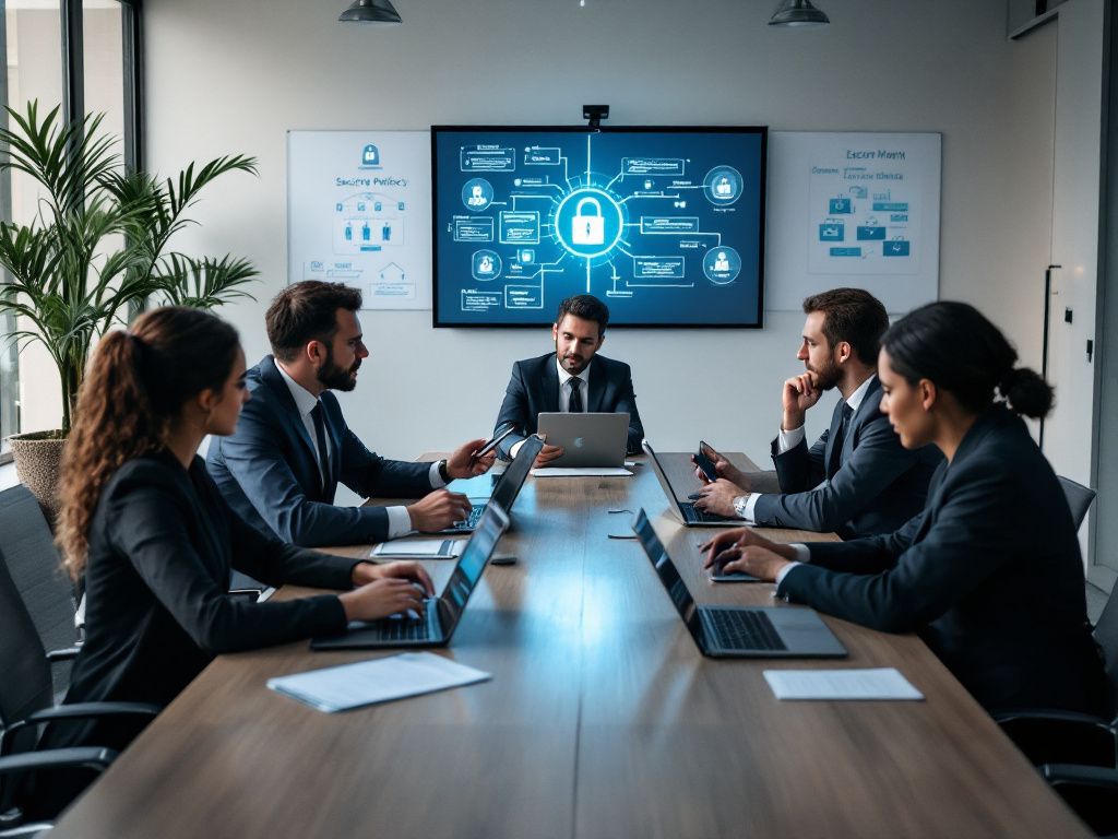 Legal team collaborating on cybersecurity implementation