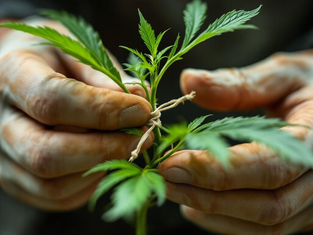 Grower applying low-stress training to cannabis