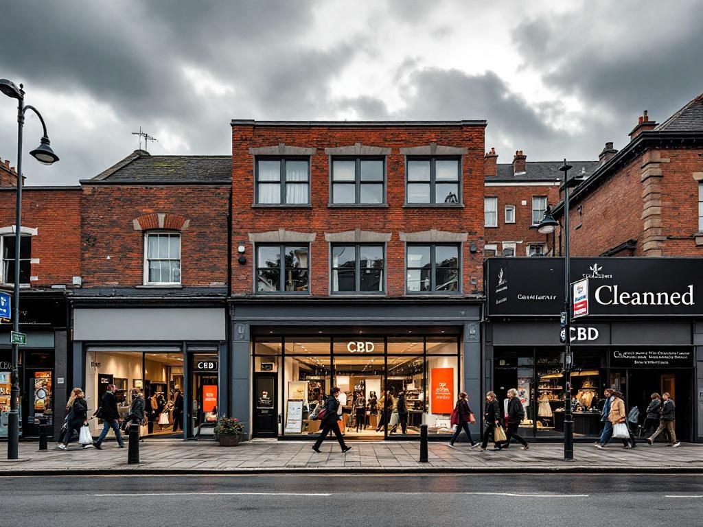 Manchester street with CBD and cannabis shops