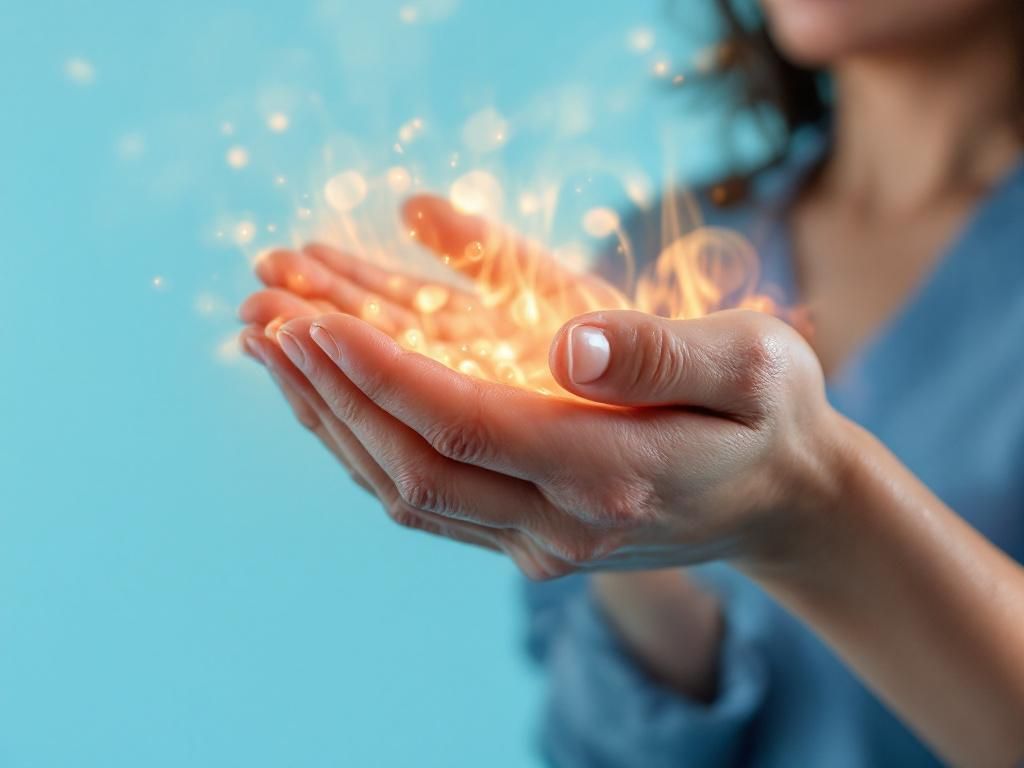 Close-up of hands showing hot flash symptoms