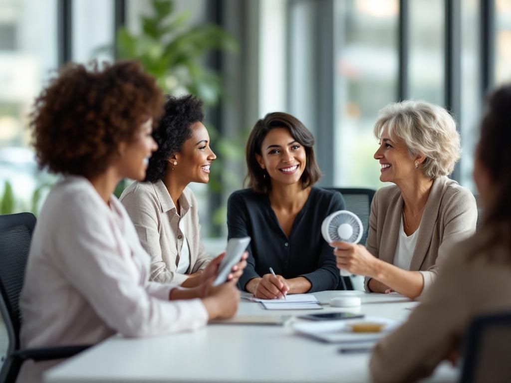Women discussing menopause impacts in professional setting